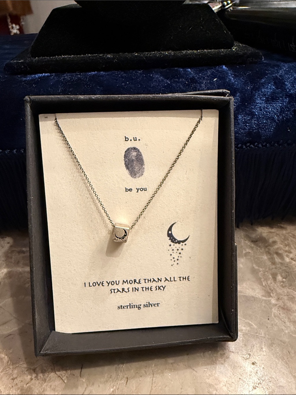 NIB b.u. Be You I love you to the moon and back Sterling silver cube necklace.